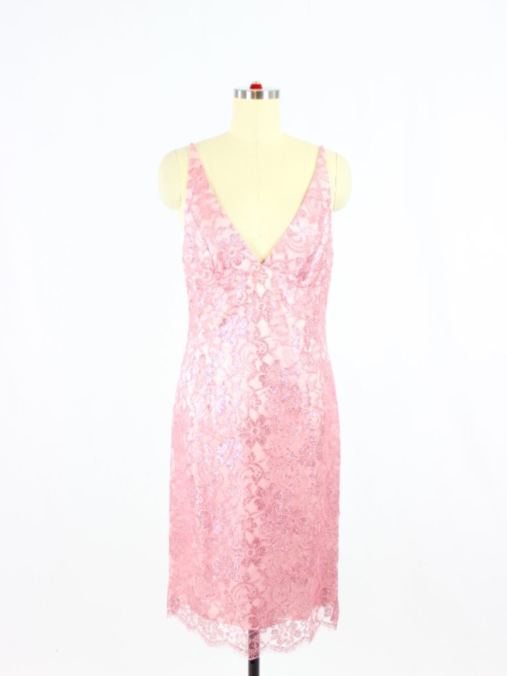MILLY Pink Silver Metallic Floral Lace Plunge V-Neck Sheath Dress, Size 8